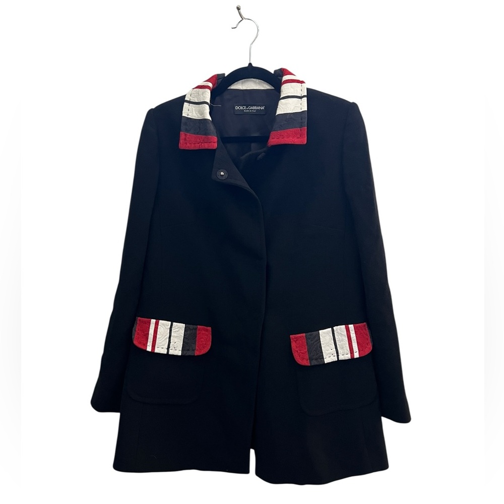 Dolce & Gabbana Black Wool Crepe Contrast Trim Detail Button Front Coat Size 46